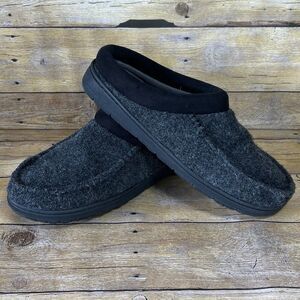 EZ Feet Sz 9/10 Mens Charcoal Gray Moccasin ‎ Slippers Black Trim Rubber Sole